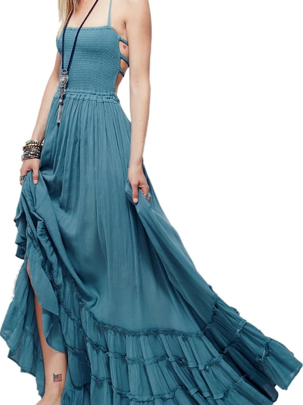 Teal Smocked Bodice Boho Maxi Dress - Women